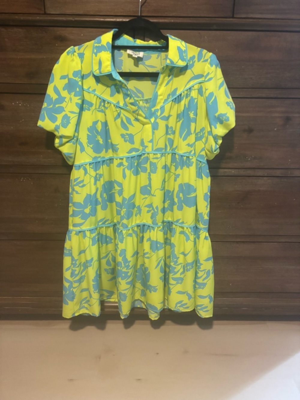 Umgee Bright Lime Green & Yellow Mini Dress with Blue Floral Print
